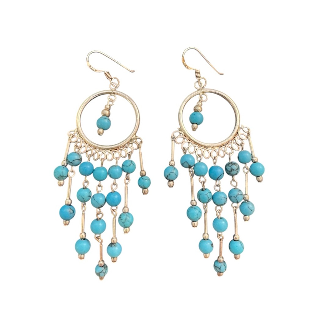 Native American Turquoise Bead Fringe Chandelier Earrings - Silver 925 Stamped